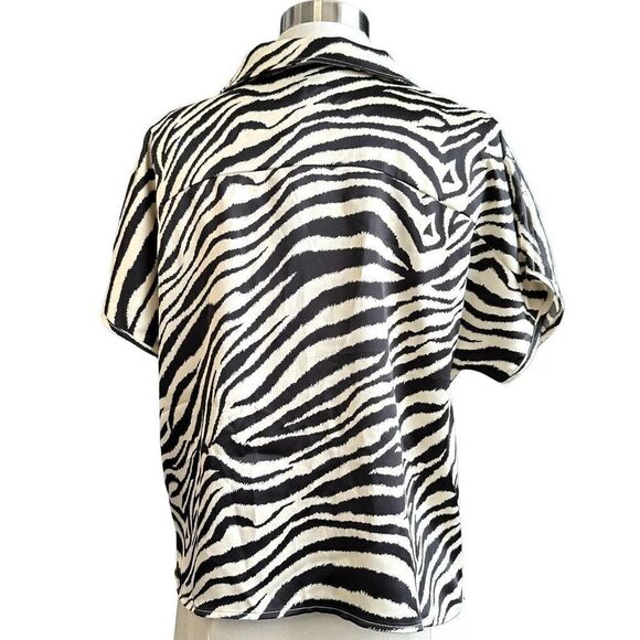 NWT Rachel Zoe Zebra Stripe Collared Button Down Short sleeve Satin Blouse - Picture 5 of 9